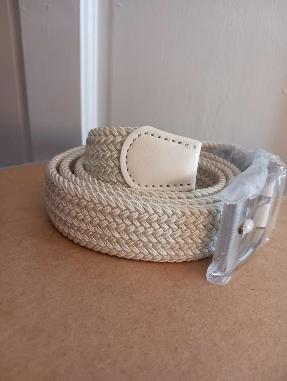 New Stretch Golf Belt , 45in Taupe /White 2in Silver-toned Buckle